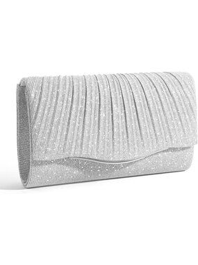 Women's Silver Formal Clutch Purse With Detachable Chain Strap Evening Bag